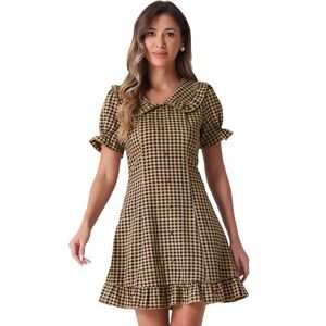 Gingham Print Ruffled Trim Puff Sleeve Peter Pan Collar Dress Dark Brown
